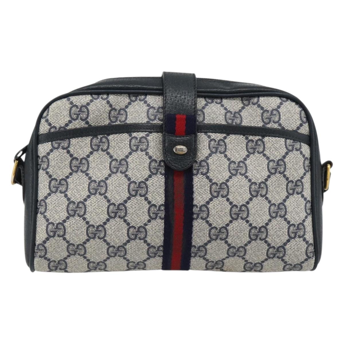 GUCCI GG Supreme Sherry Line Shoulder Bag PVC Navy Gold Auth 182412