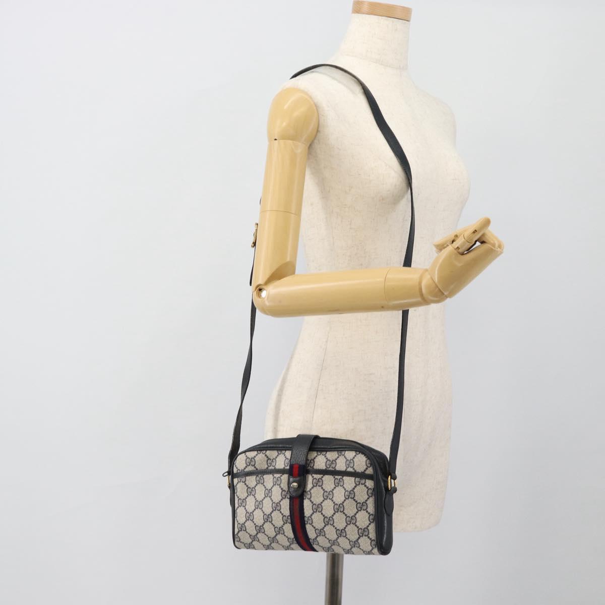 GUCCI GG Supreme Sherry Line Shoulder Bag PVC Navy Gold Auth 182412