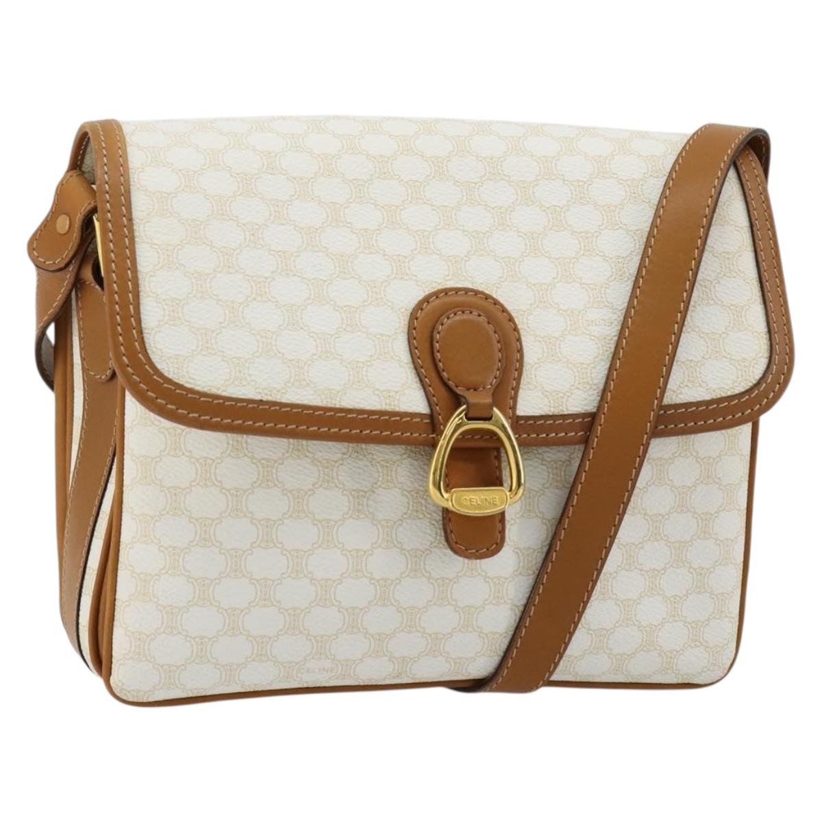 CELINE Macadam Canvas Shoulder Bag PVC Leather White Gold Auth 182418A