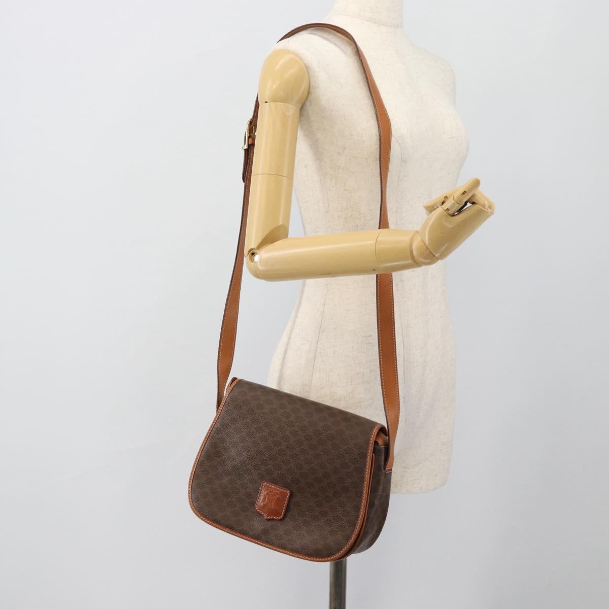 CELINE Macadam Canvas Shoulder Bag PVC Leather Brown Gold Auth 182419A