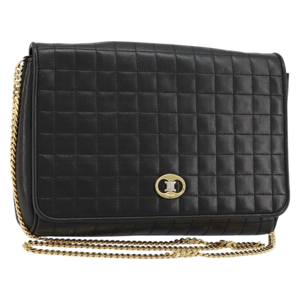 CELINE Chain Shoulder Bag Leather Black Gold Auth 182421V