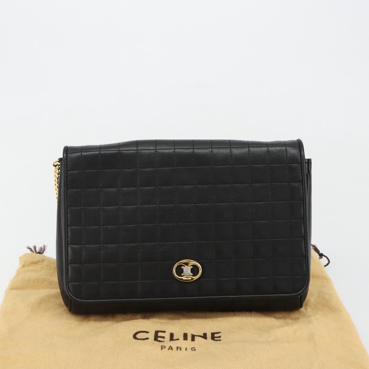 CELINE Chain Shoulder Bag Leather Black Gold Auth 182421V