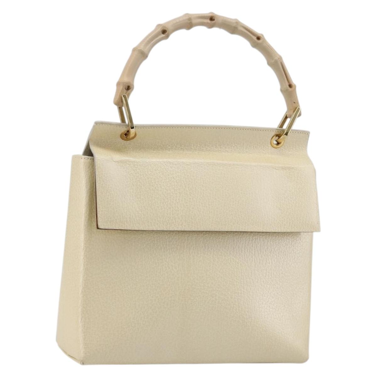 GUCCI Bamboo Hand Bag Leather White Gold 001 3444 1887 Auth 182433