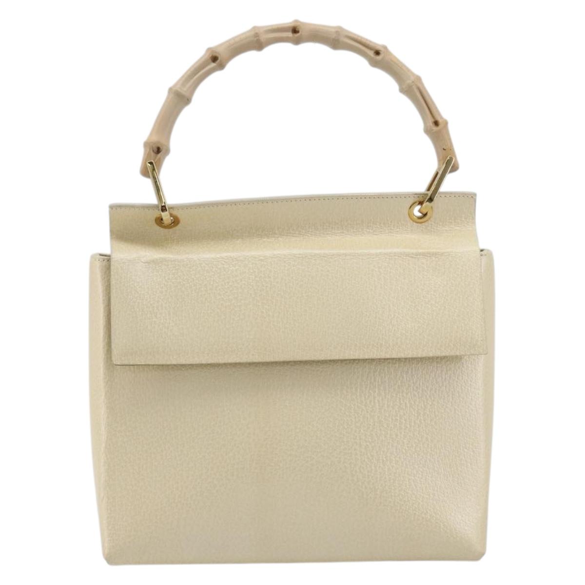 GUCCI Bamboo Hand Bag Leather White Gold 001 3444 1887 Auth 182433