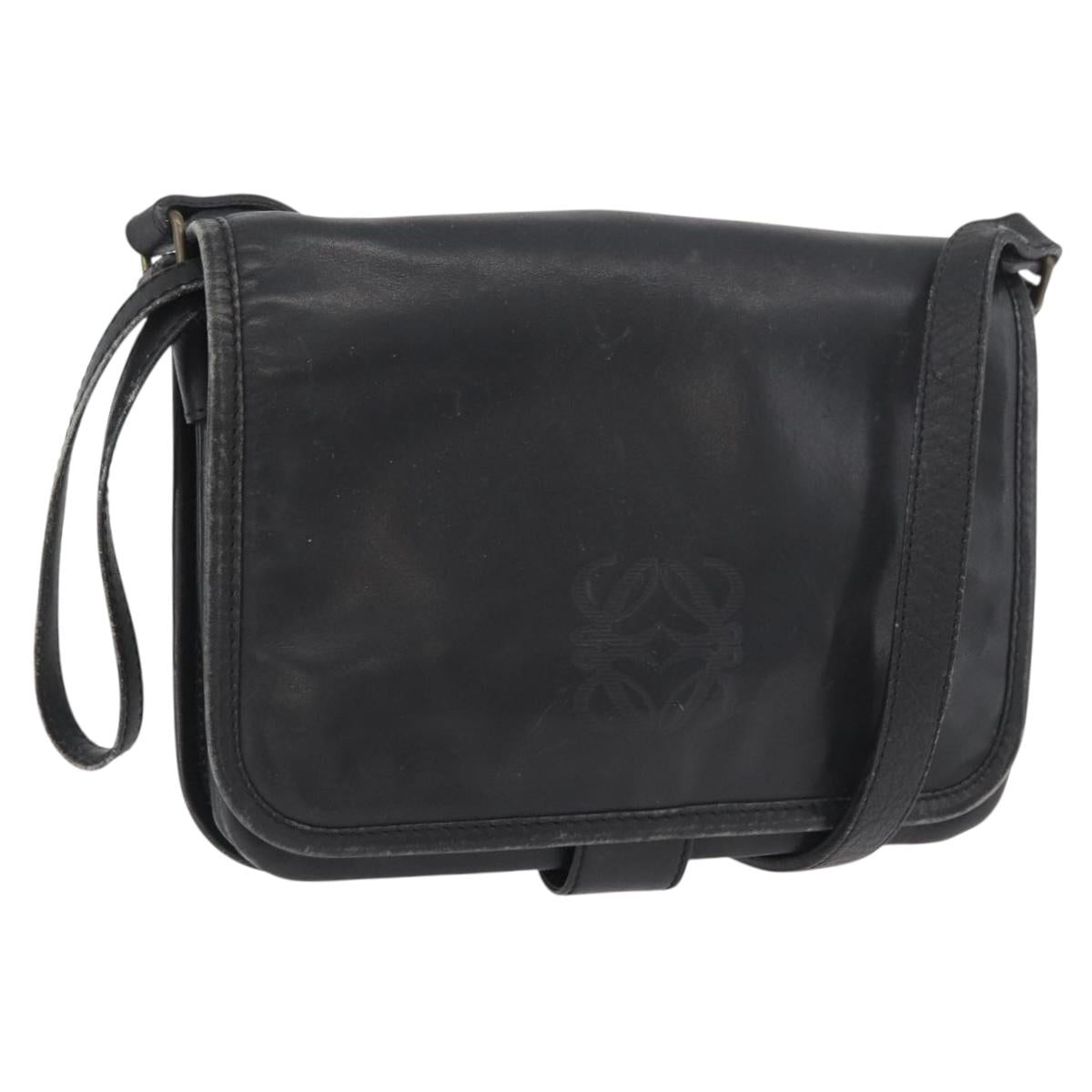 LOEWE Anagram Shoulder Bag Leather Black Gold Auth 182440