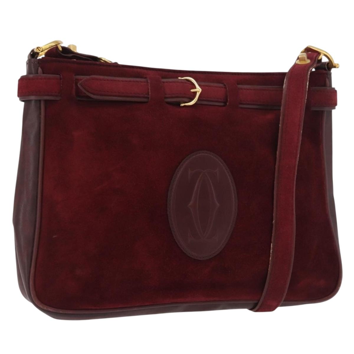 CARTIER Shoulder Bag Suede Bordeaux Gold Auth 182447
