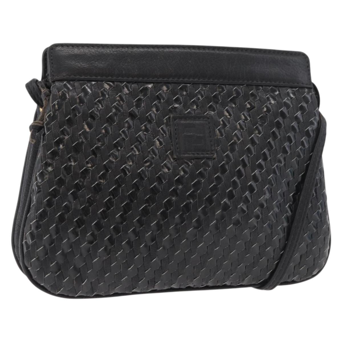 FENDI Shoulder Bag Leather Black Gold Auth 182453