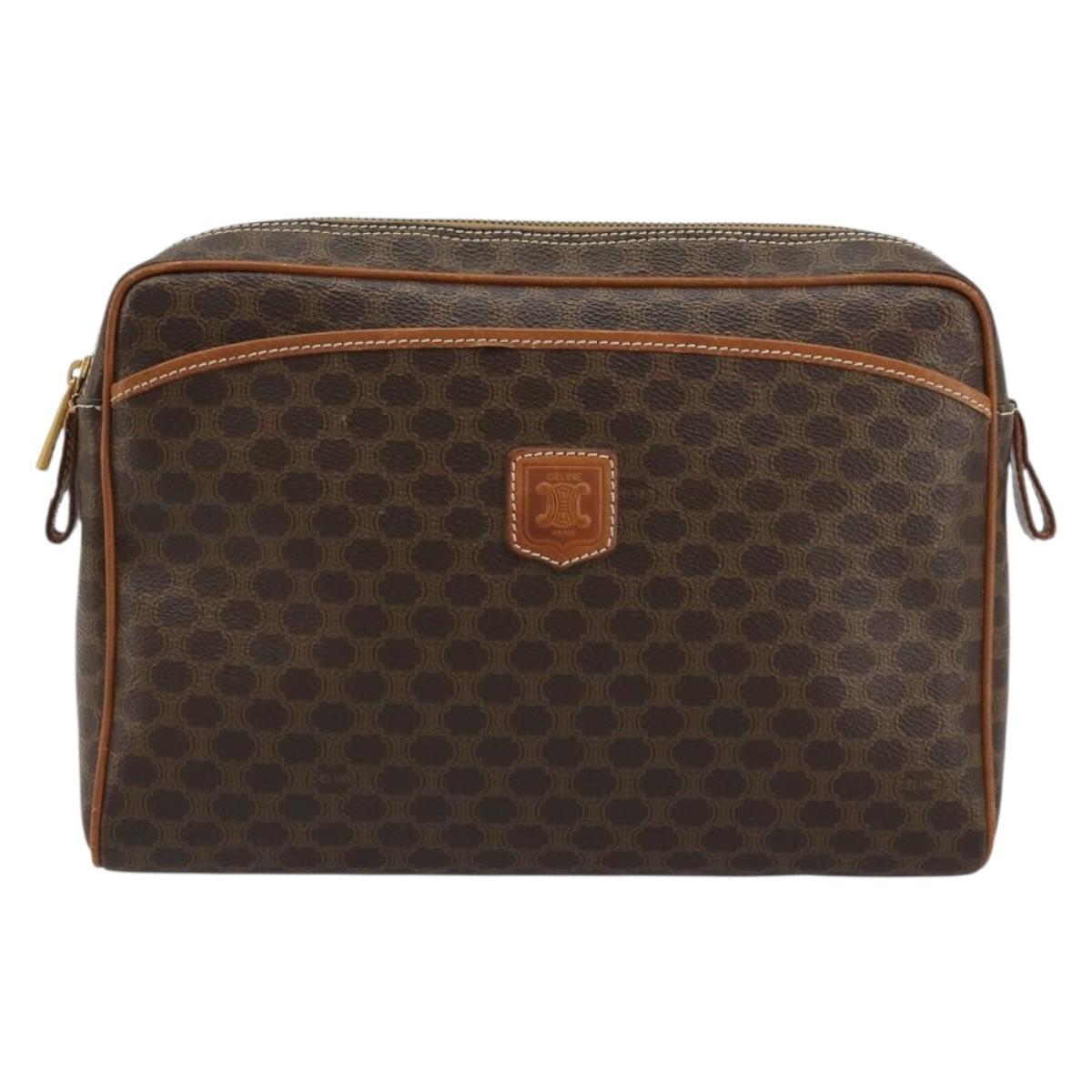 CELINE Macadam Canvas Clutch Bag PVC Leather Brown Gold Auth 182456