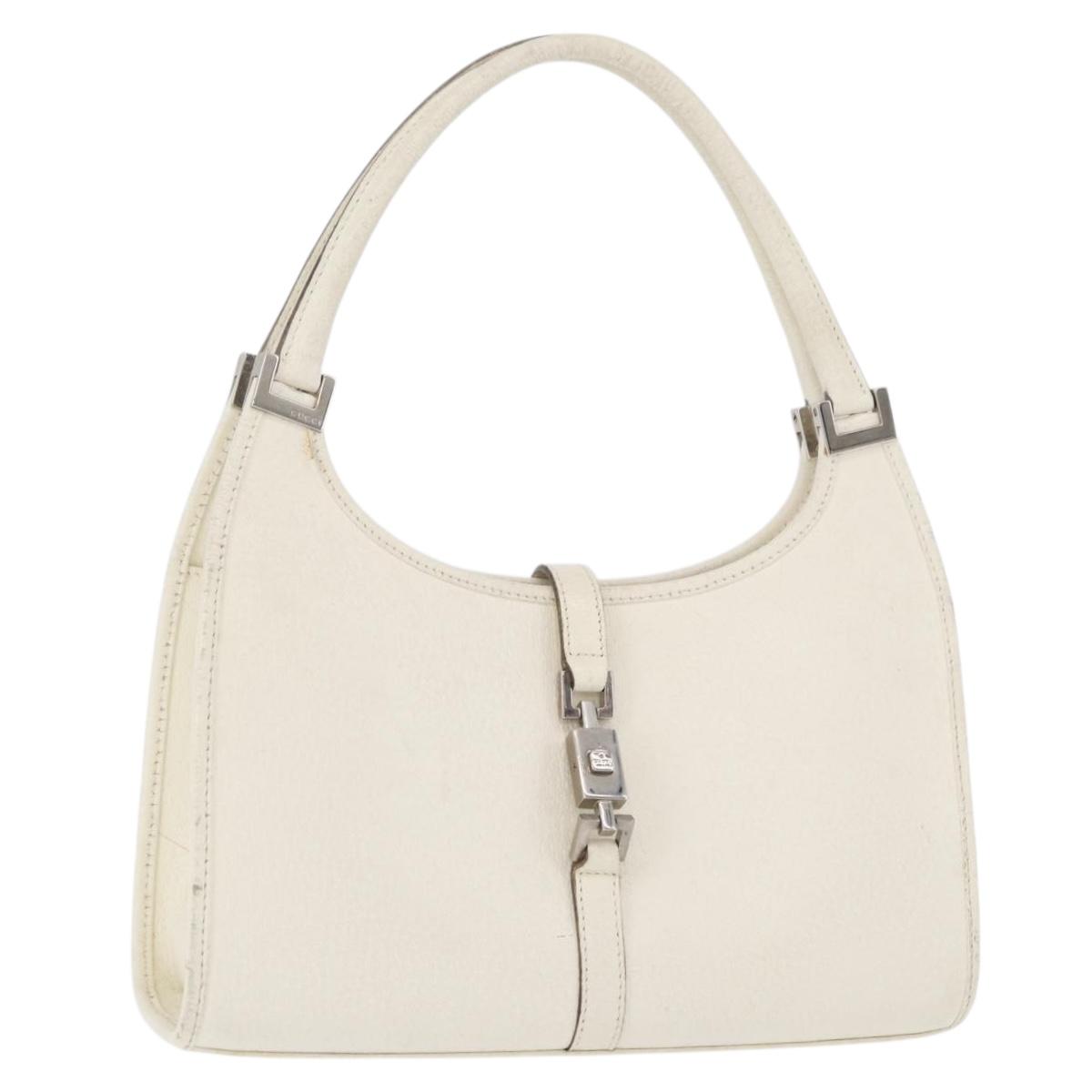 GUCCI Jackie Hand Bag Leather White Silver 002 1068 Auth 182461