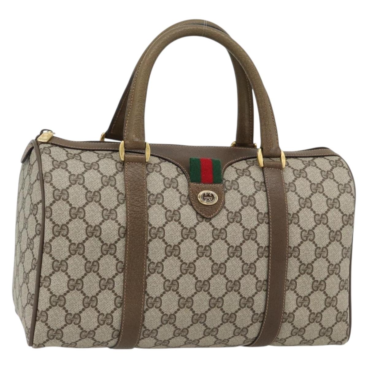GUCCI GG Supreme Web Sherry Line Boston Bag PVC Beige Gold Auth 182464