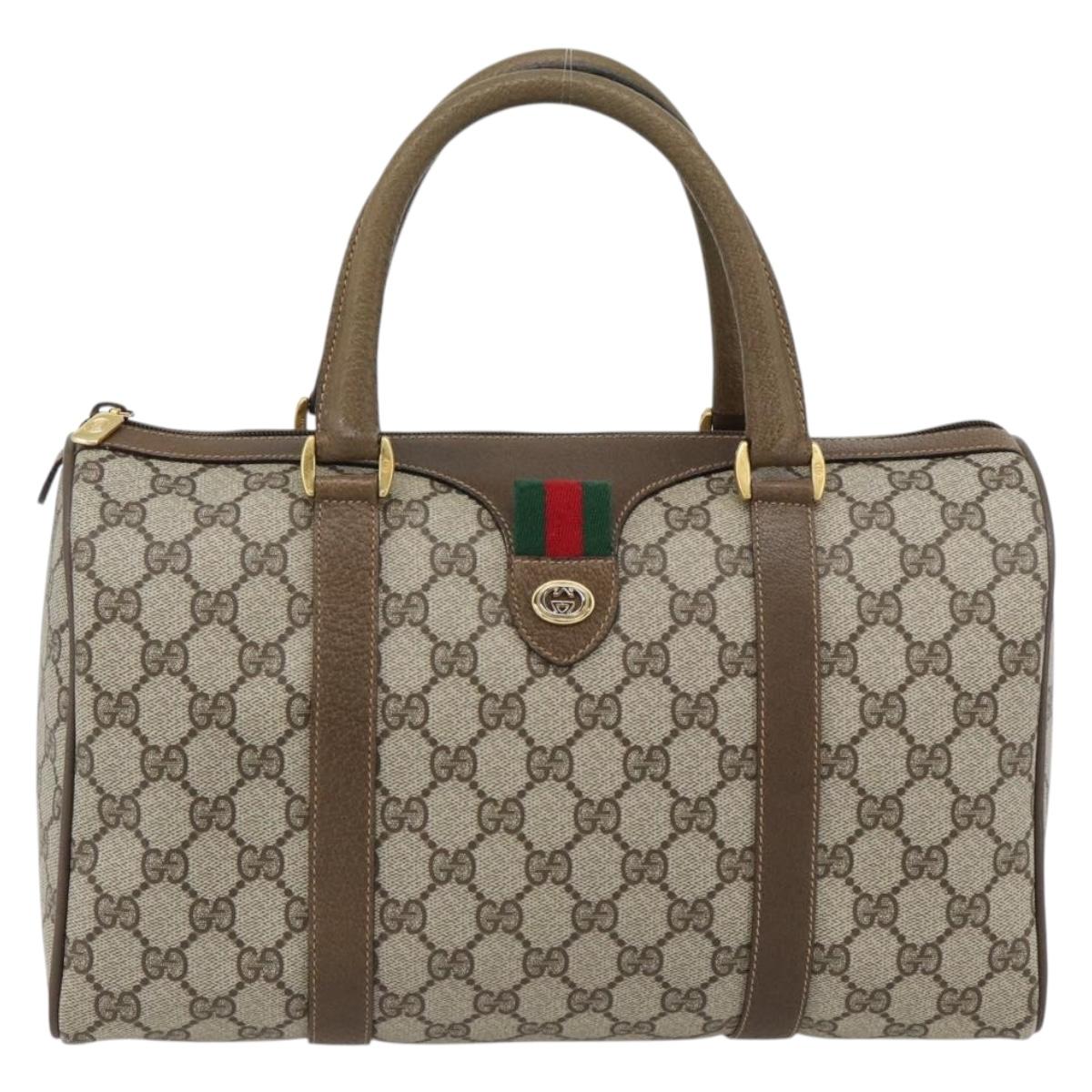 GUCCI GG Supreme Web Sherry Line Boston Bag PVC Beige Gold Auth 182464