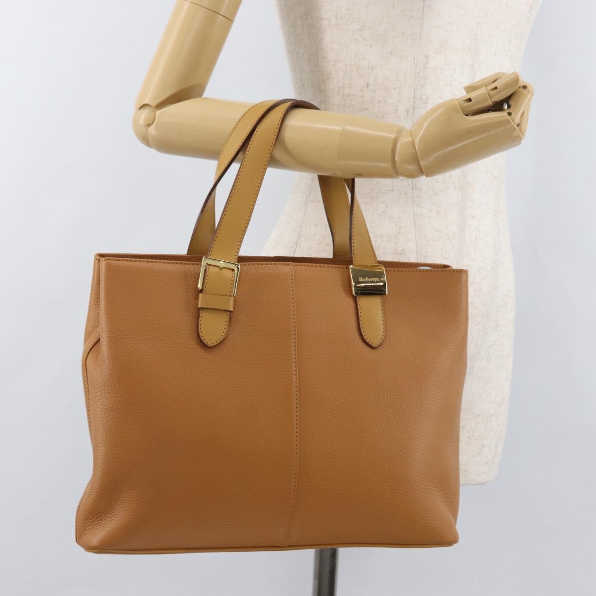 Burberrys Hand Bag Leather Brown Gold Auth 182467