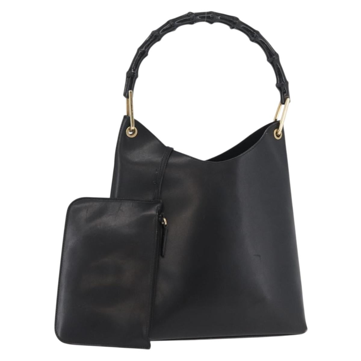 GUCCI Bamboo Hand Bag Leather Black Gold 001 2113 1880 Auth 182479