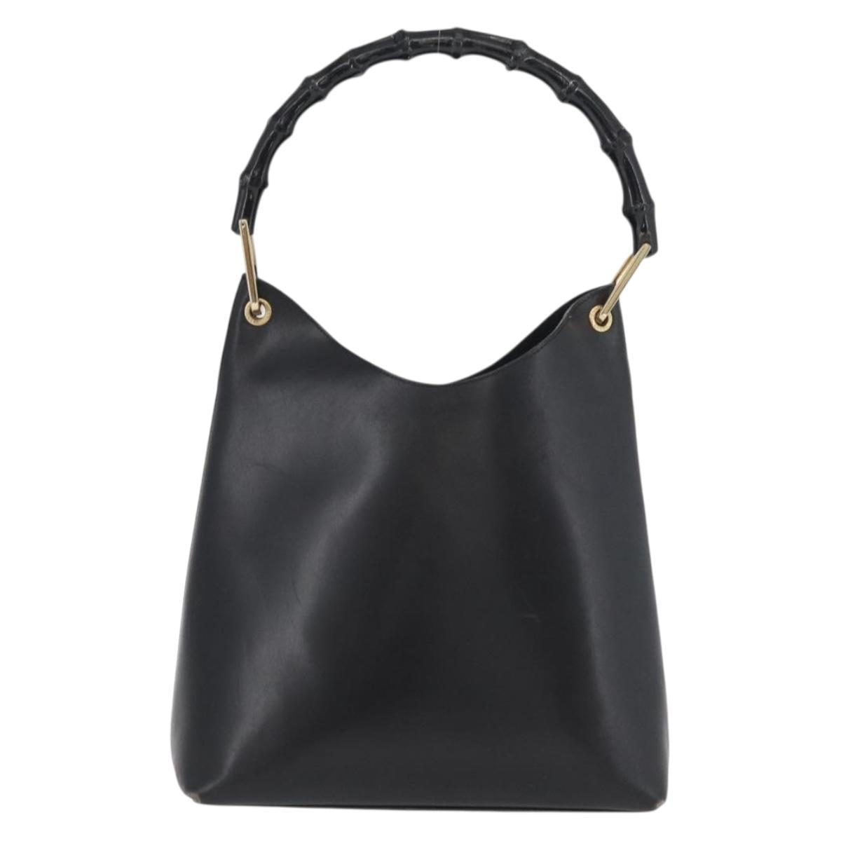 GUCCI Bamboo Hand Bag Leather Black Gold 001 2113 1880 Auth 182479
