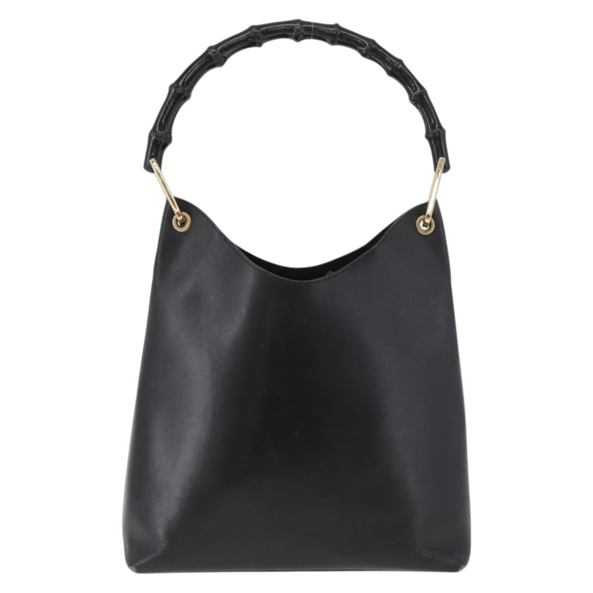 GUCCI Bamboo Hand Bag Leather Black Gold 001 2113 1880 Auth 182479