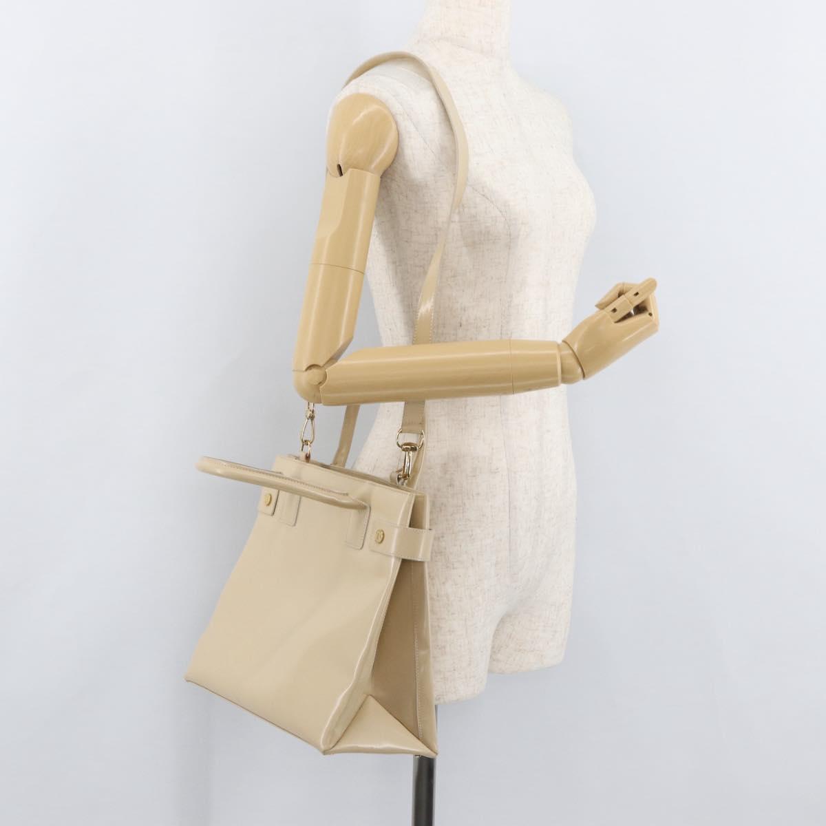 GUCCI Hand Bag Patent leather 2way Beige Gold Auth 182480