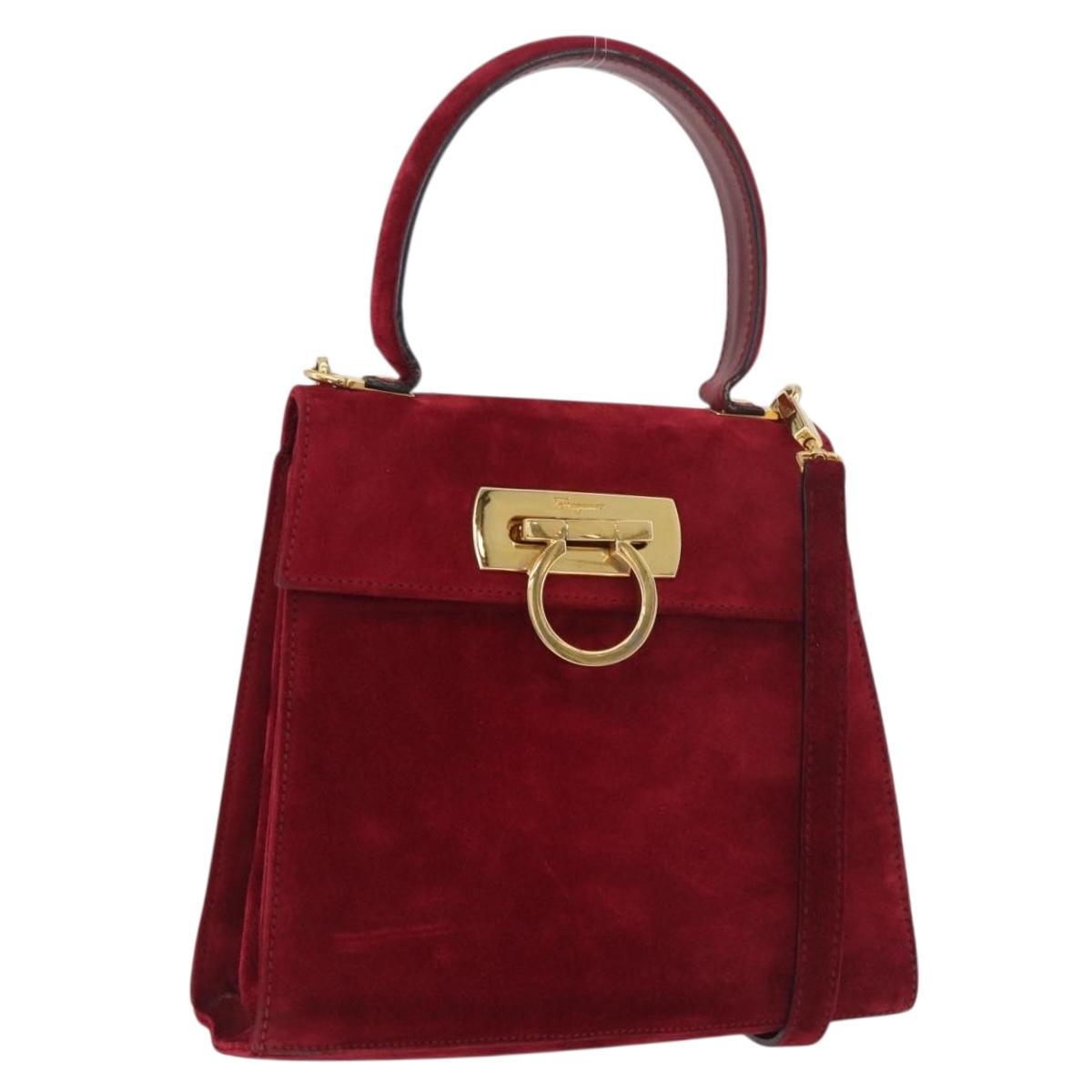 Salvatore Ferragamo Gancini Hand Bag Suede 2way Red Gold Auth 182485