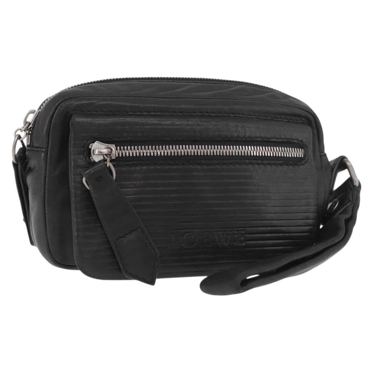 LOEWE Anagram Clutch Bag Leather Black Silver Auth 182493