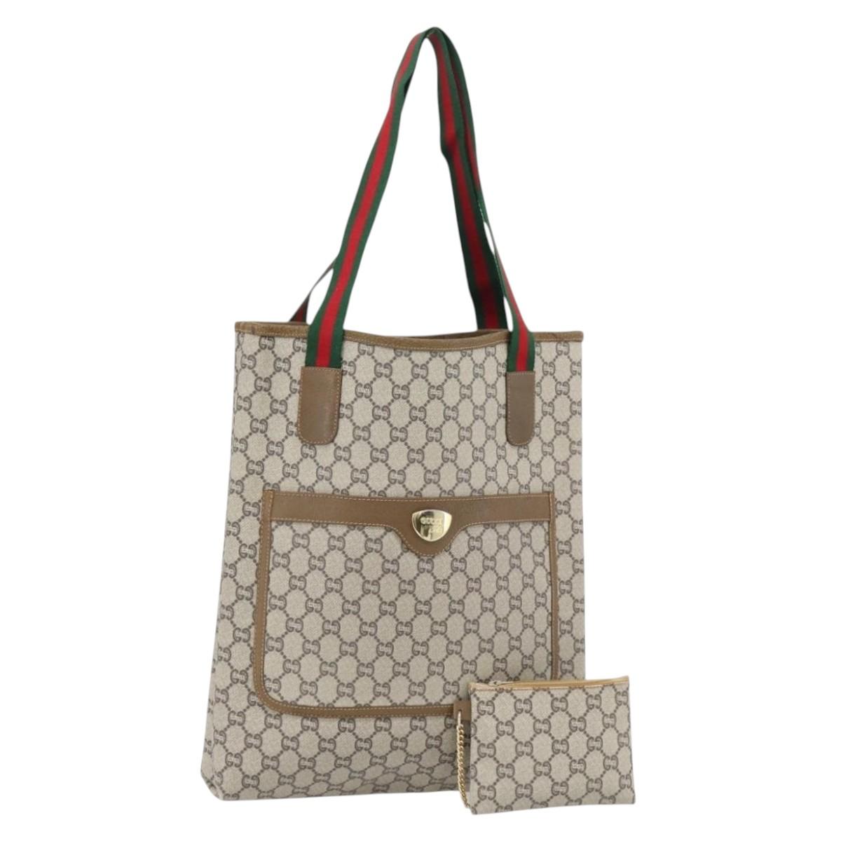GUCCI GG Plus Supreme Web Sherry Line Tote Bag PVC Beige Red Green Auth 182497