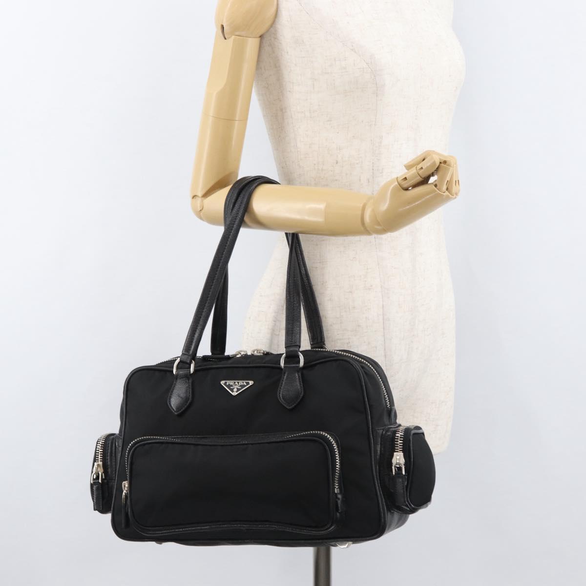 PRADA Hand Bag Nylon Black Silver Auth 182500V