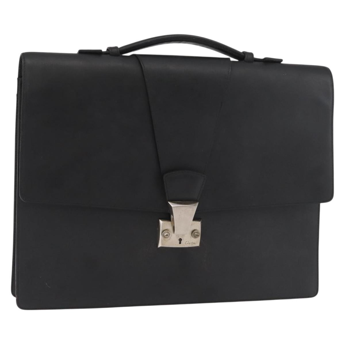 CARTIER Business Bag Leather Black Silver Auth 182506