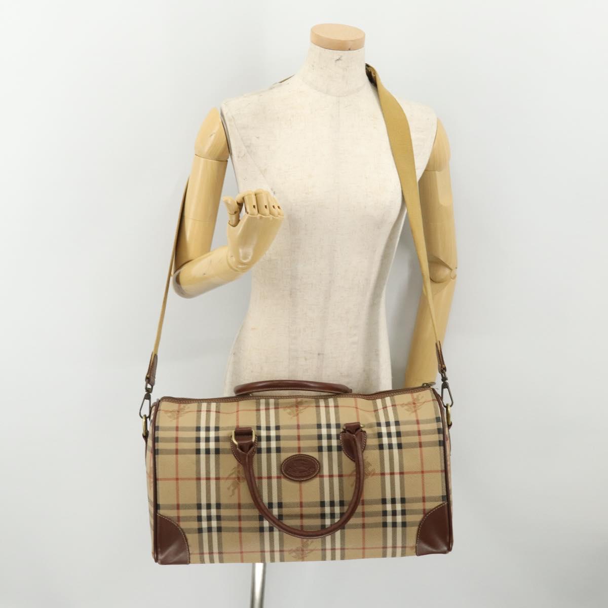 Burberrys Nova Check Boston Bag PVC Leather 2way Beige Gold Auth 182513