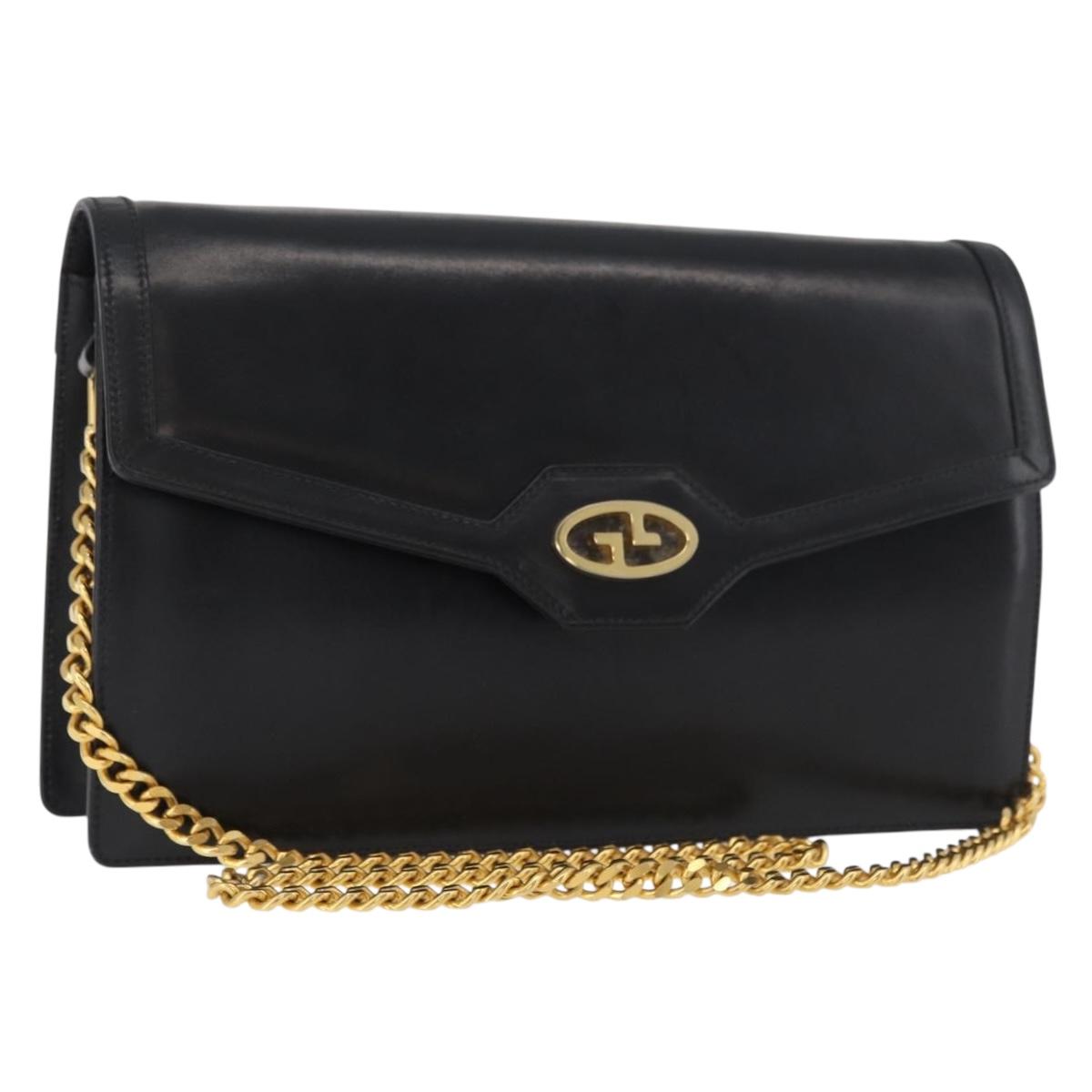 GUCCI Chain Shoulder Bag Leather Black Gold Auth 182515