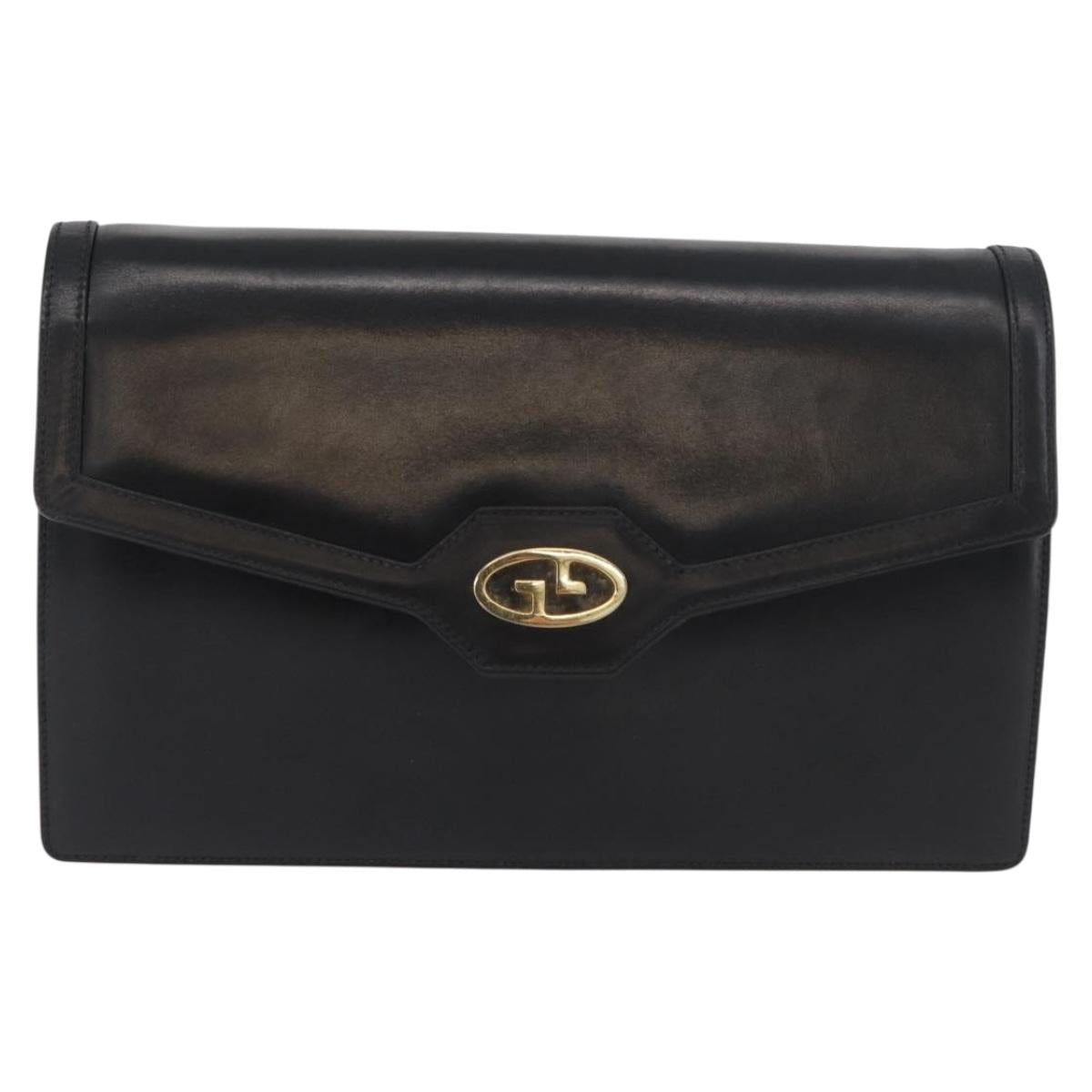 GUCCI Chain Shoulder Bag Leather Black Gold Auth 182515