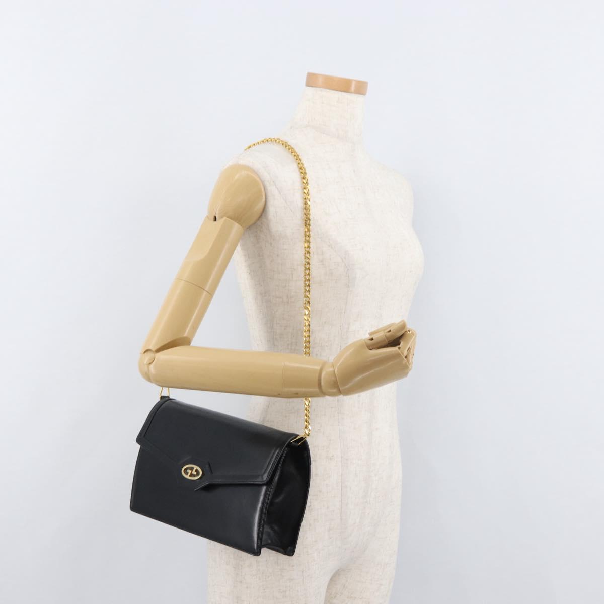 GUCCI Chain Shoulder Bag Leather Black Gold Auth 182515