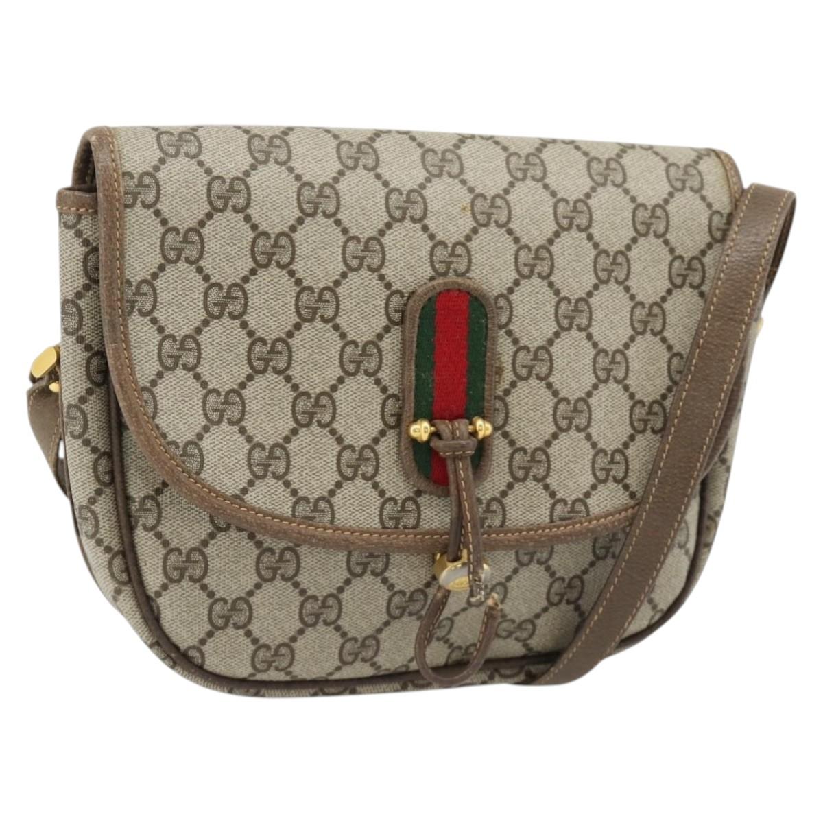 GUCCI GG Supreme Web Sherry Line Shoulder Bag PVC Beige Gold Auth 182516