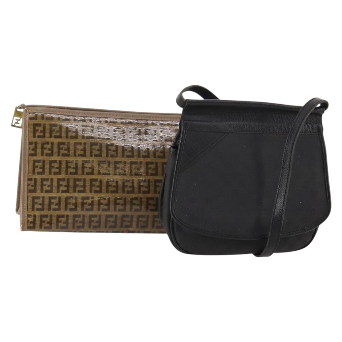 FENDI Zucchino Canvas Bag Coated Canvas 2 Set Black Beige Auth 182517