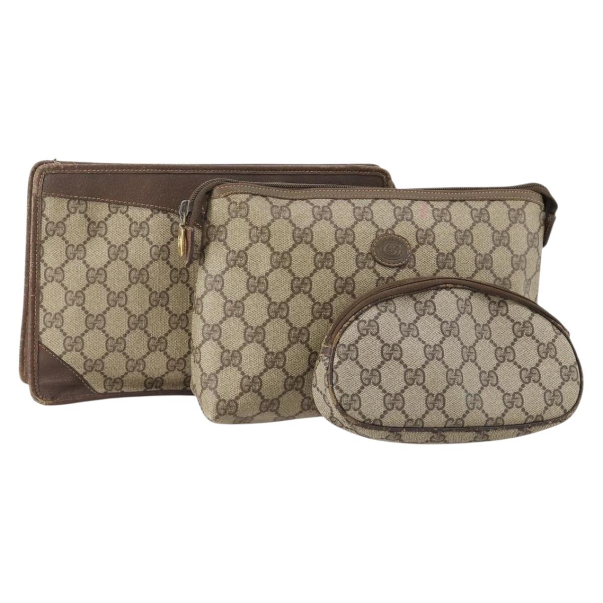 GUCCI GG Supreme Clutch Bag PVC 3 Set Beige Auth 182518