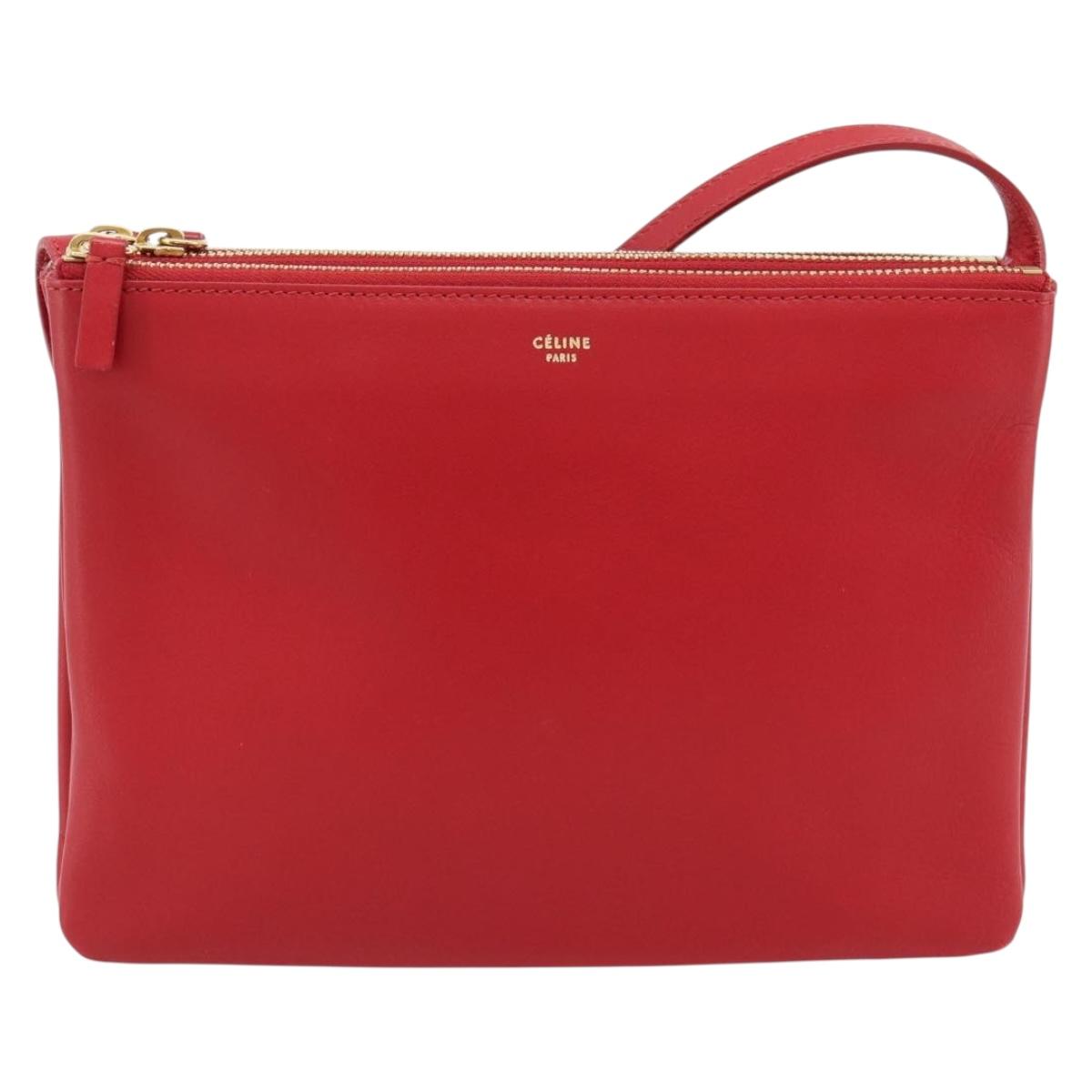 CELINE Trio Shoulder Bag Leather Red Gold Auth 182535A