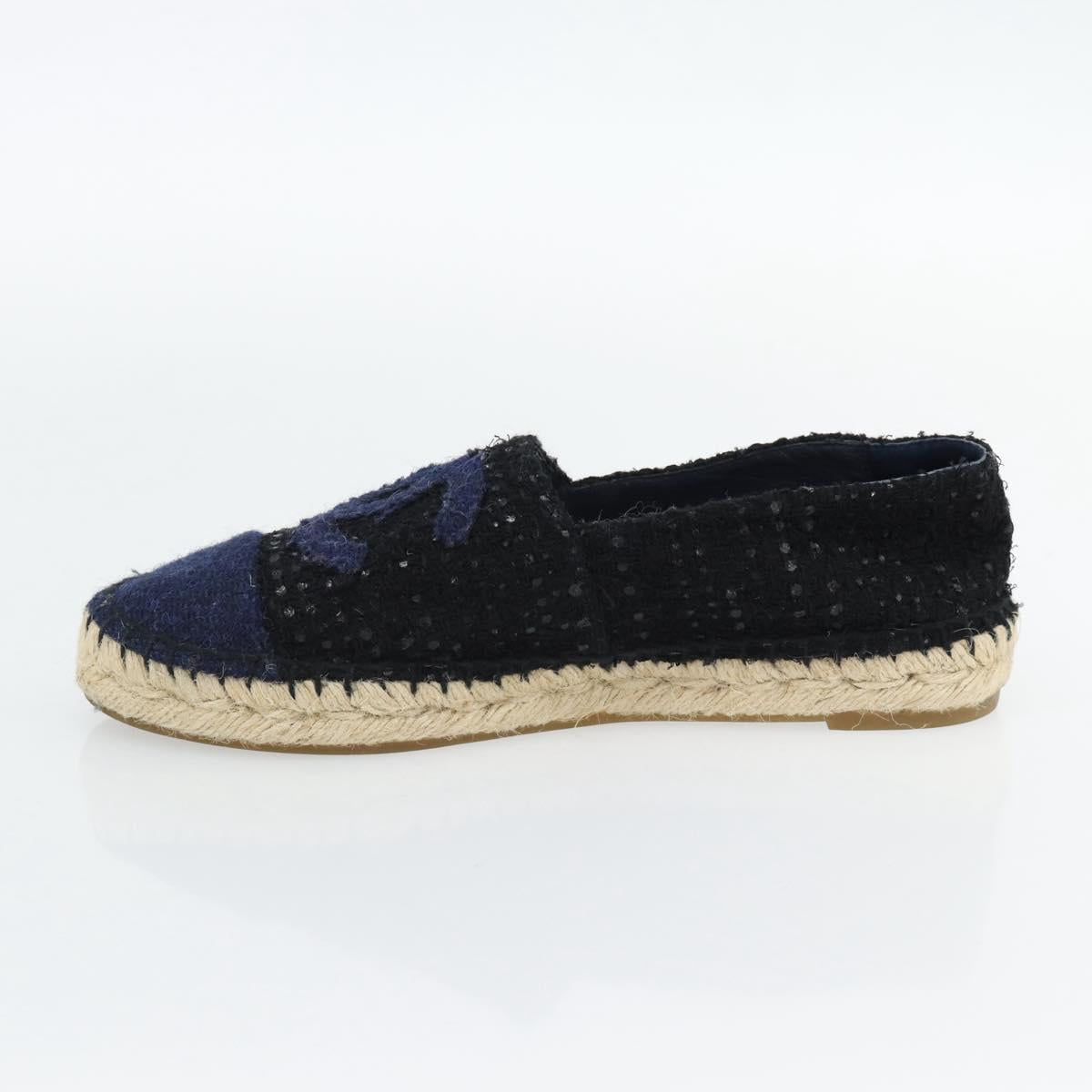 CHANEL Espadrilles Sandals Tweed Black CC Auth 182538M