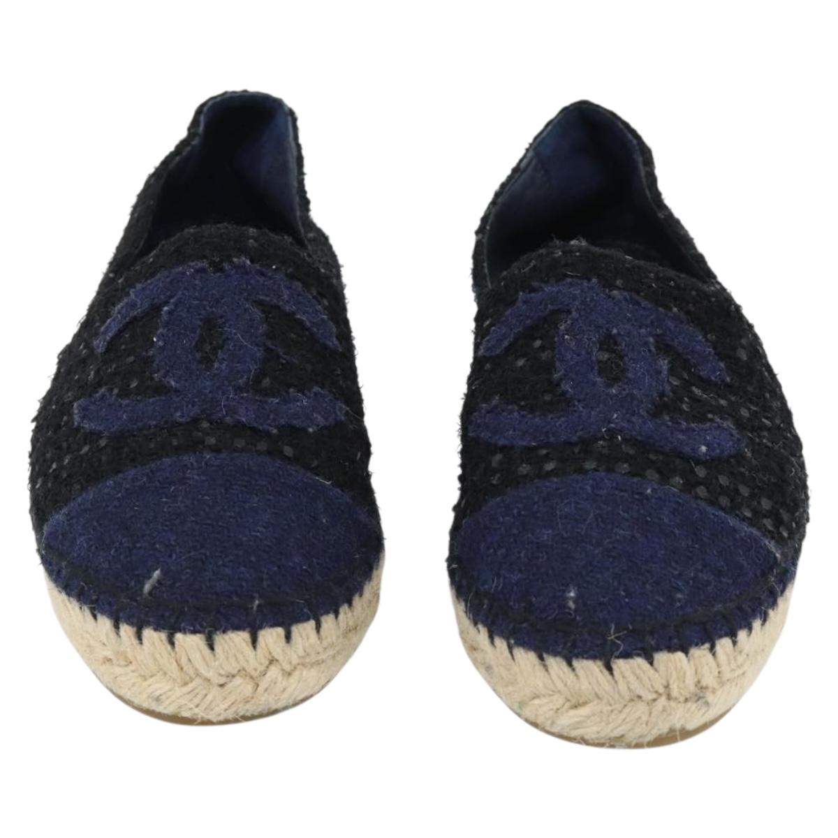 CHANEL Espadrilles Sandals Tweed Black CC Auth 182538M