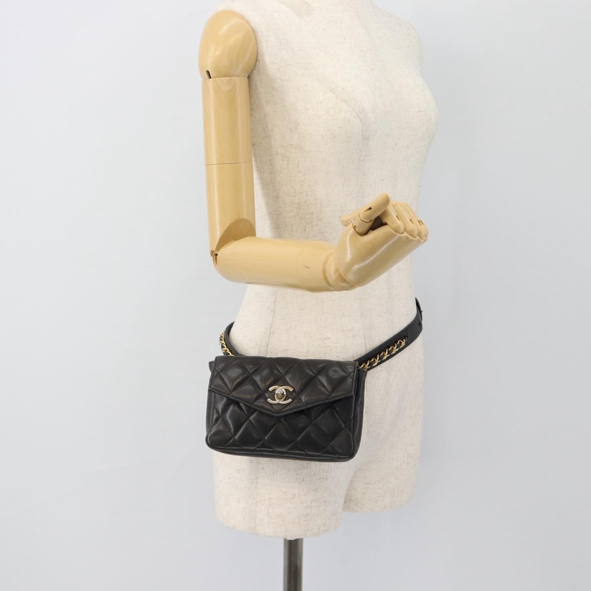 CHANEL Matelasse Chain Waist bag Lamb Skin Black Gold CC Auth 182541
