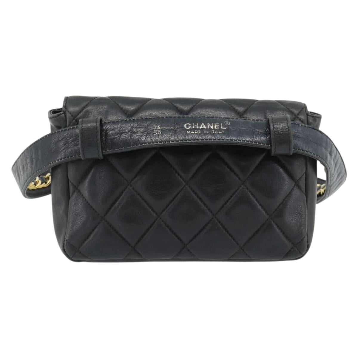 CHANEL Matelasse Chain Waist bag Lamb Skin Black Gold CC Auth 182541
