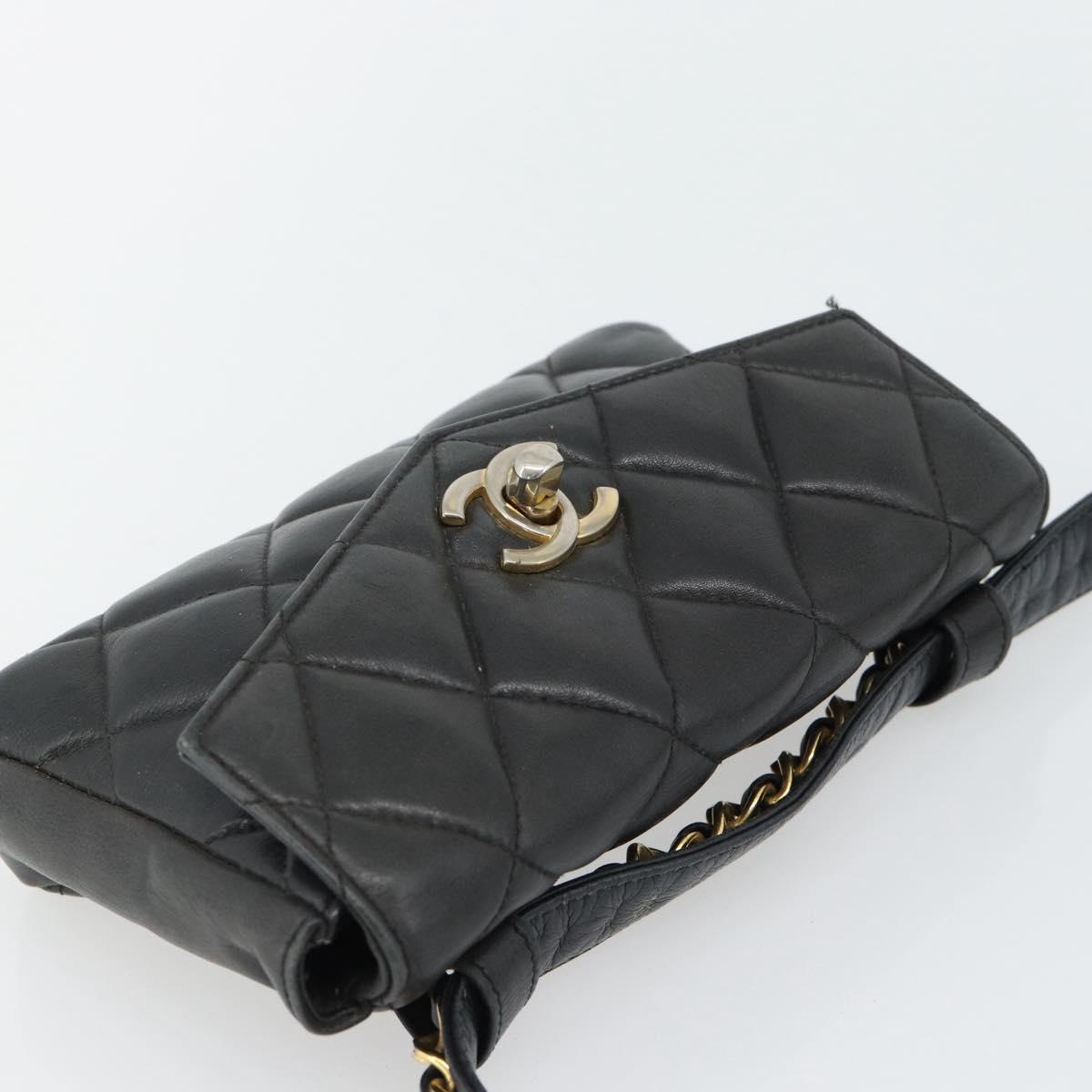CHANEL Matelasse Chain Waist bag Lamb Skin Black Gold CC Auth 182541