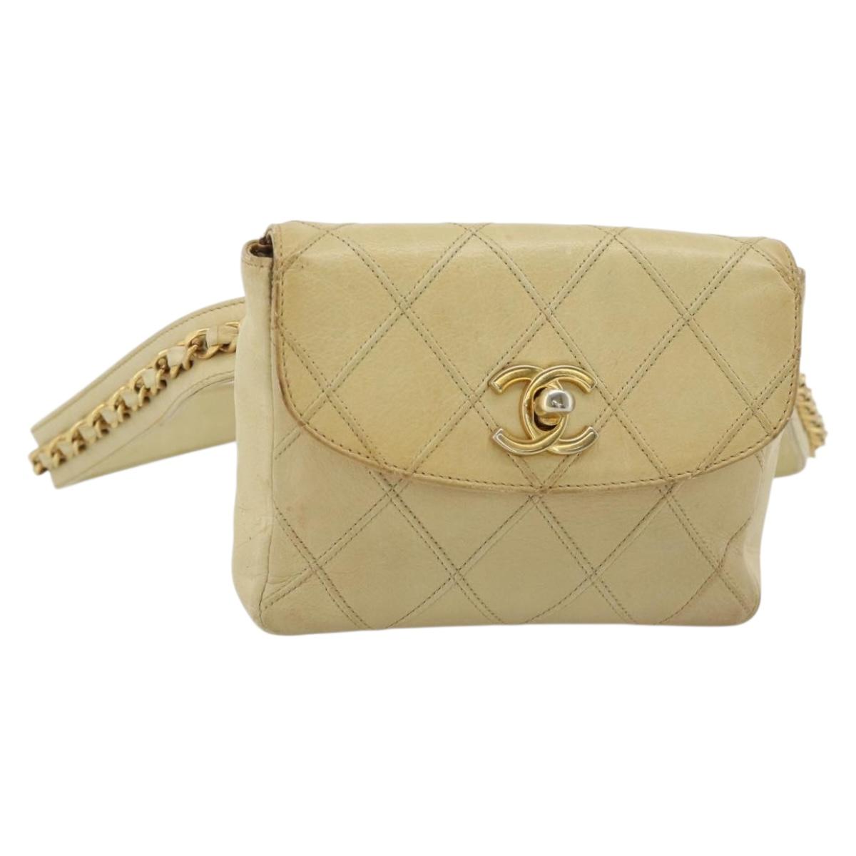 CHANEL Bicolore Waist bag Lamb Skin Beige Gold CC Auth 182545