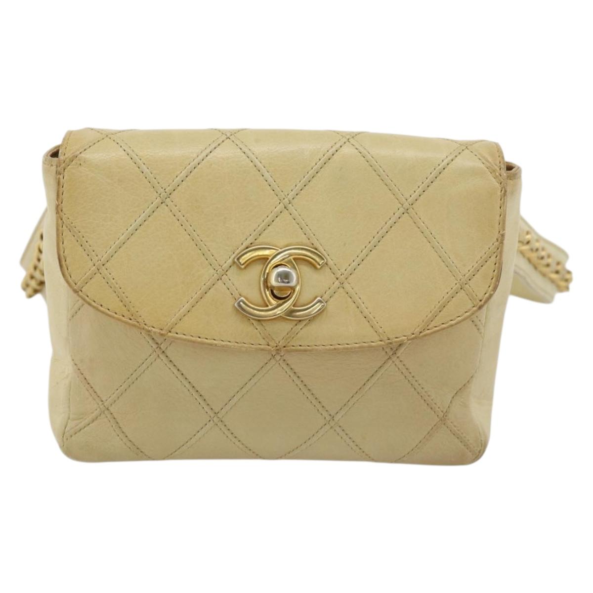 CHANEL Bicolore Waist bag Lamb Skin Beige Gold CC Auth 182545