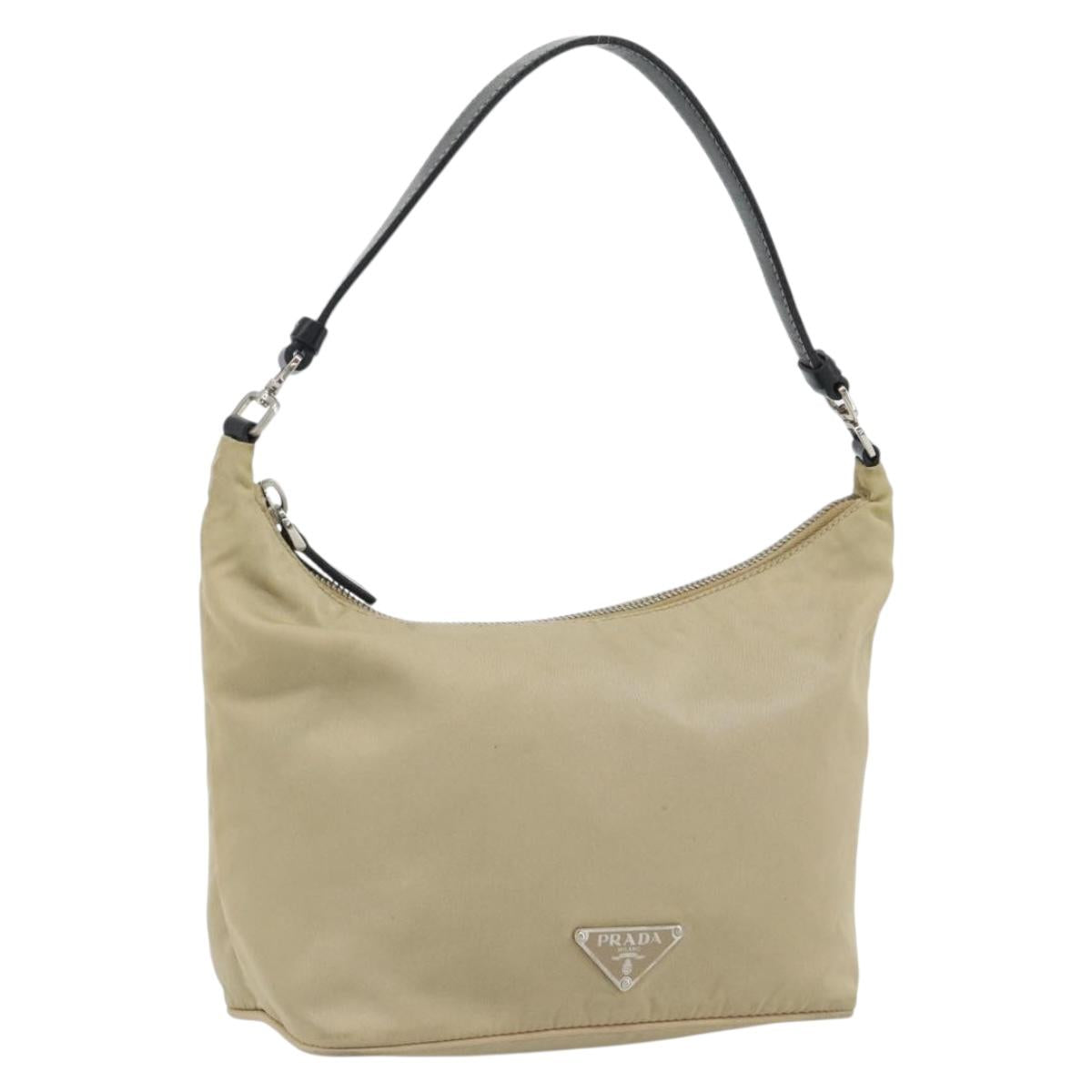 PRADA Shoulder Bag Nylon Beige Silver Auth 182546A