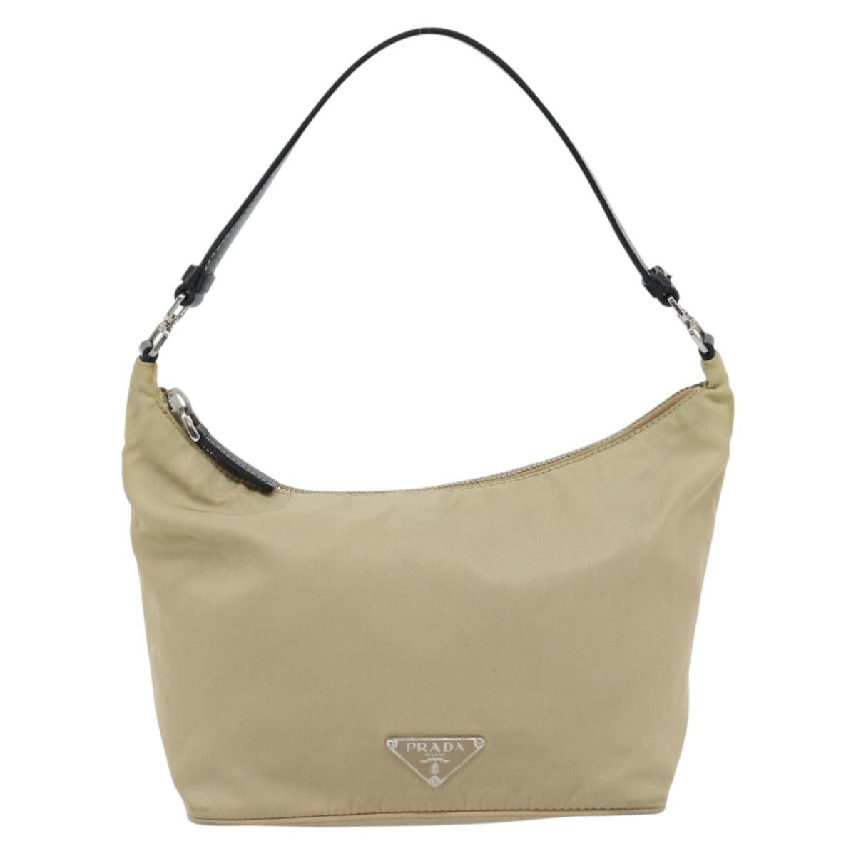 PRADA Shoulder Bag Nylon Beige Silver Auth 182546A