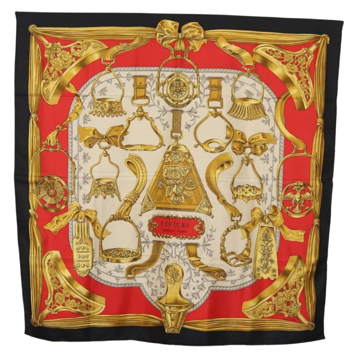 HERMES Carre 90 Scarf ""ETRIERS"" Silk Gold Auth 182548M