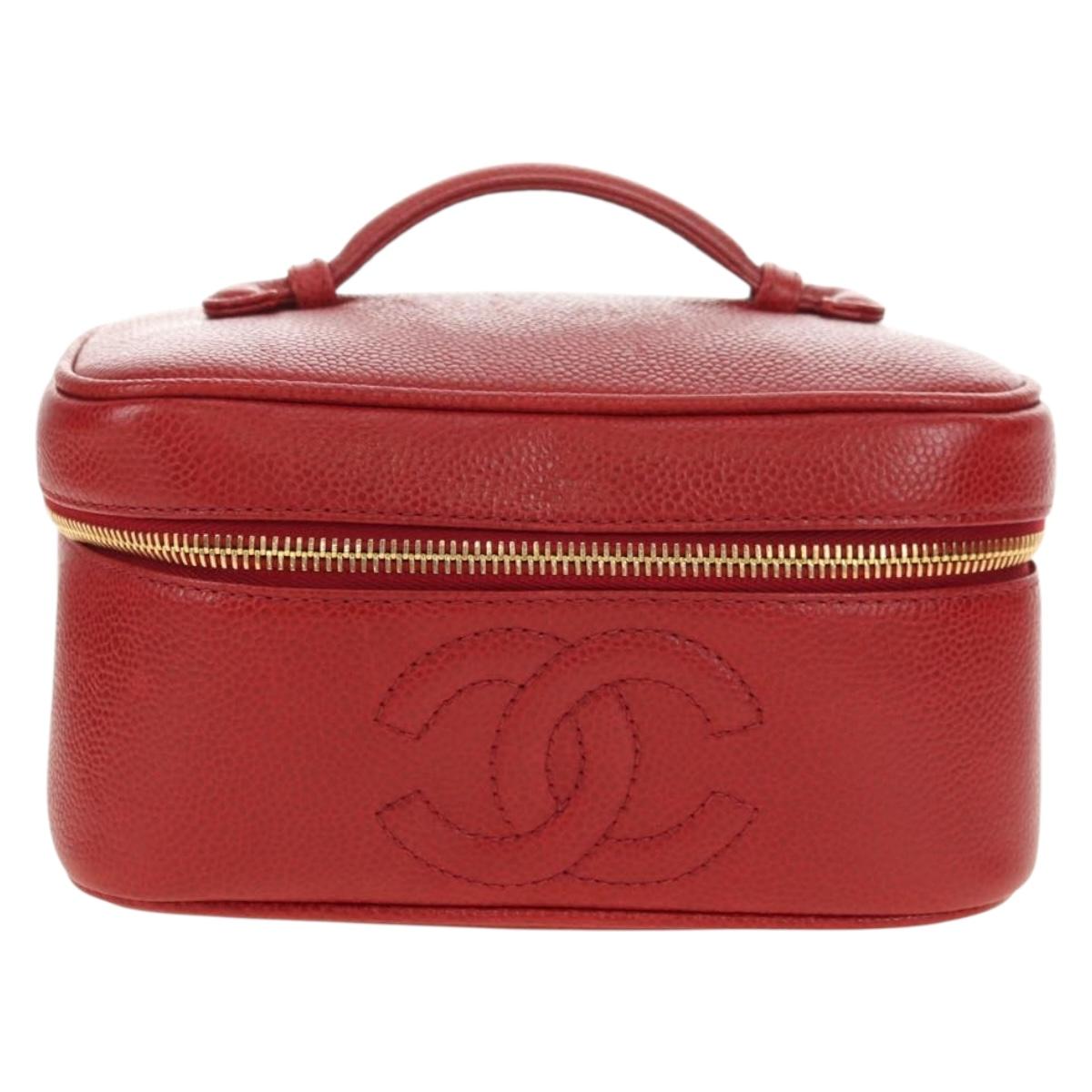 CHANEL COCO Mark Vanity Hand Bag Caviar Skin Red Gold CC Auth 182576V