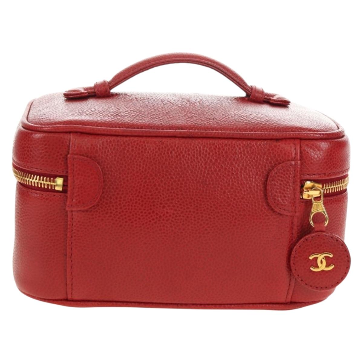 CHANEL COCO Mark Vanity Hand Bag Caviar Skin Red Gold CC Auth 182576V