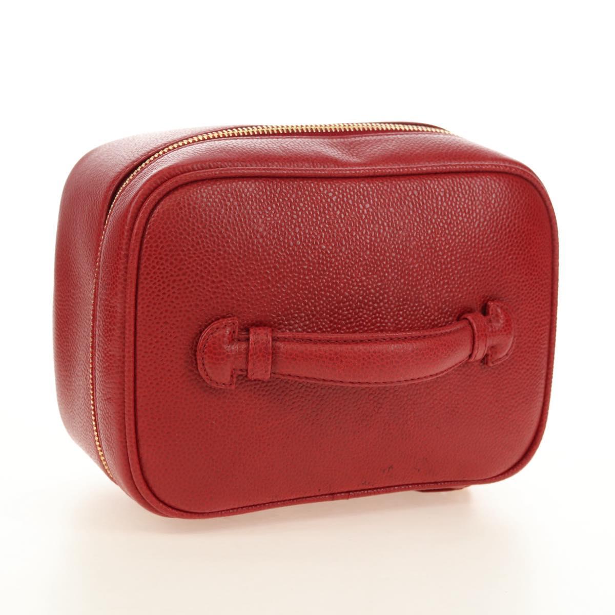 CHANEL COCO Mark Vanity Hand Bag Caviar Skin Red Gold CC Auth 182576V
