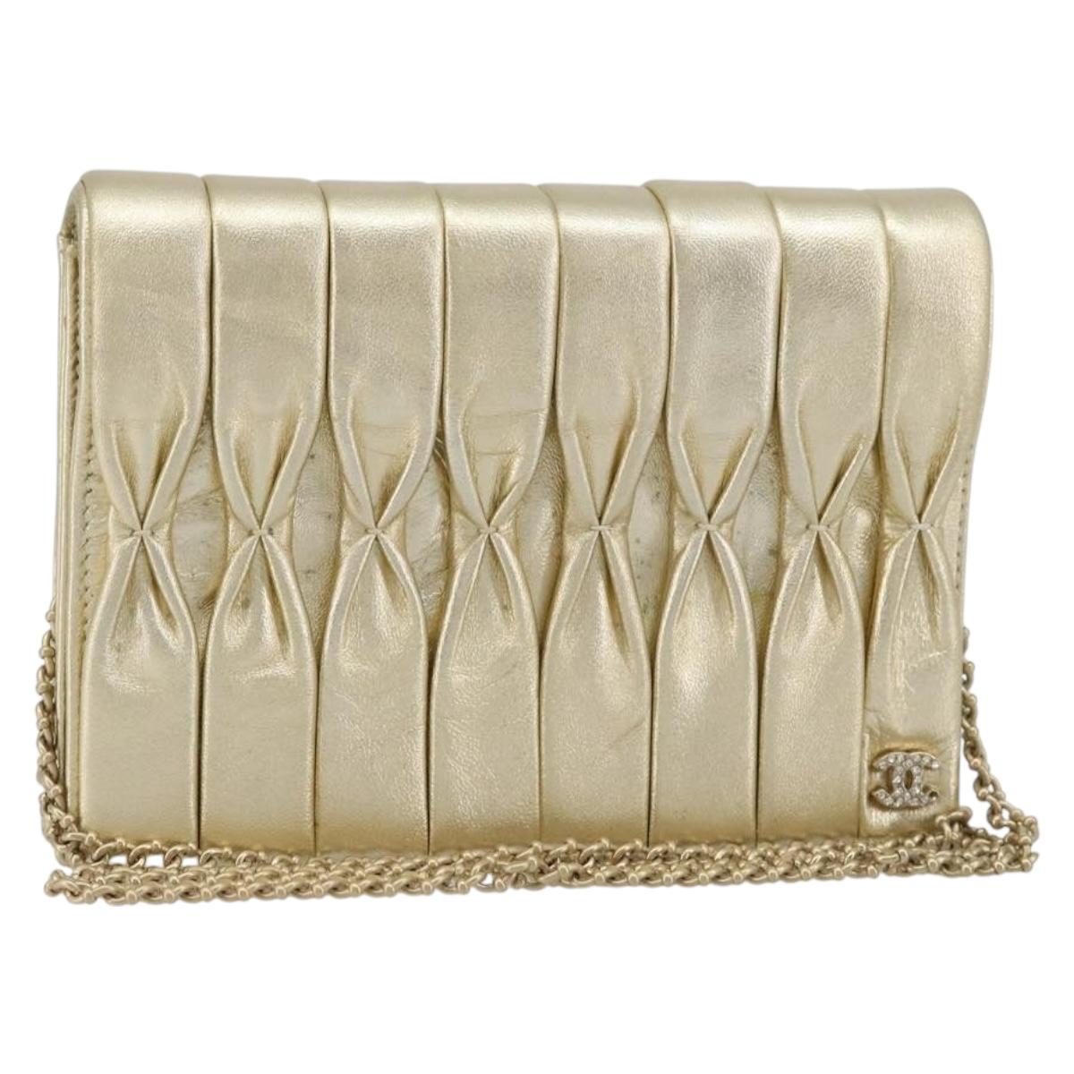 CHANEL Chain Shoulder Bag Lamb Skin Gold CC Auth 182577A