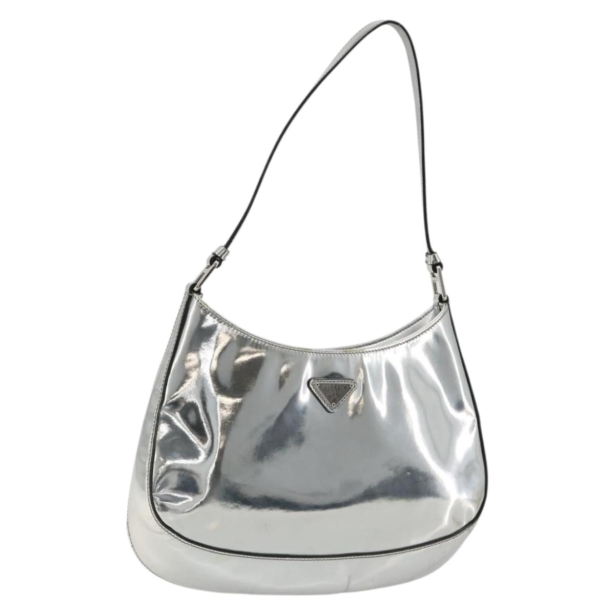 PRADA Creo Shoulder Bag Patent Leather Silver Auth 182584A