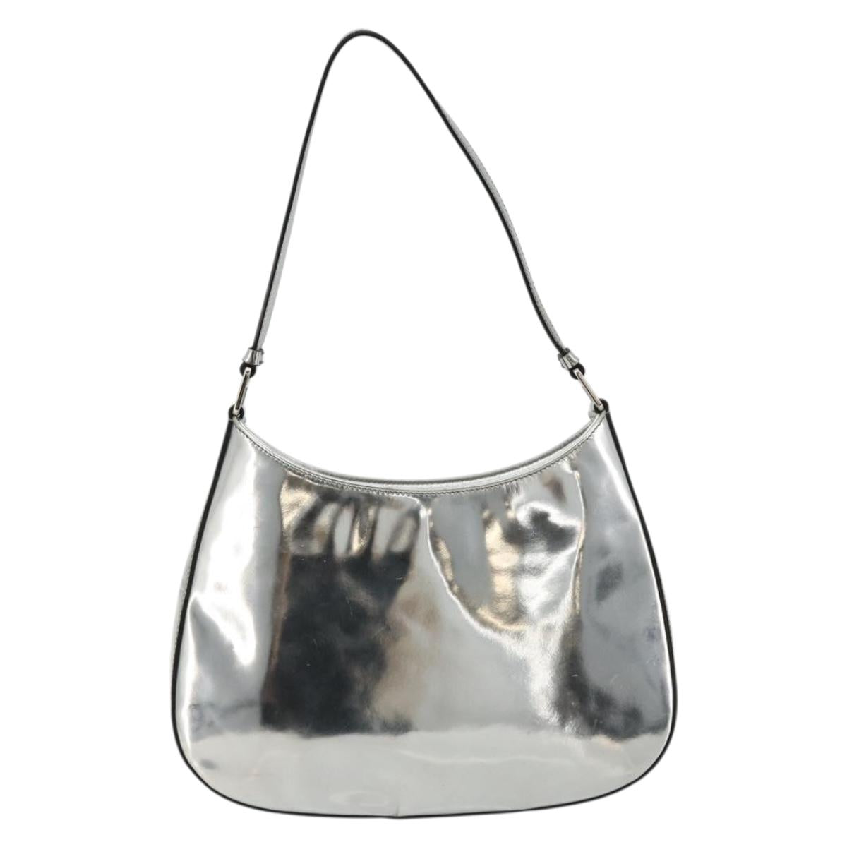 PRADA Creo Shoulder Bag Patent Leather Silver Auth 182584A