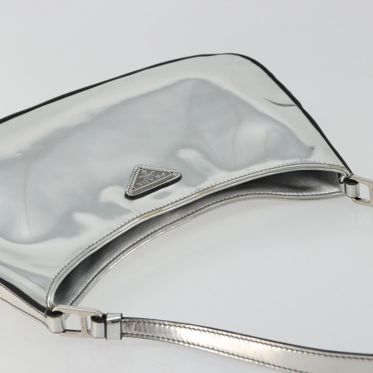 PRADA Creo Shoulder Bag Patent Leather Silver Auth 182584A